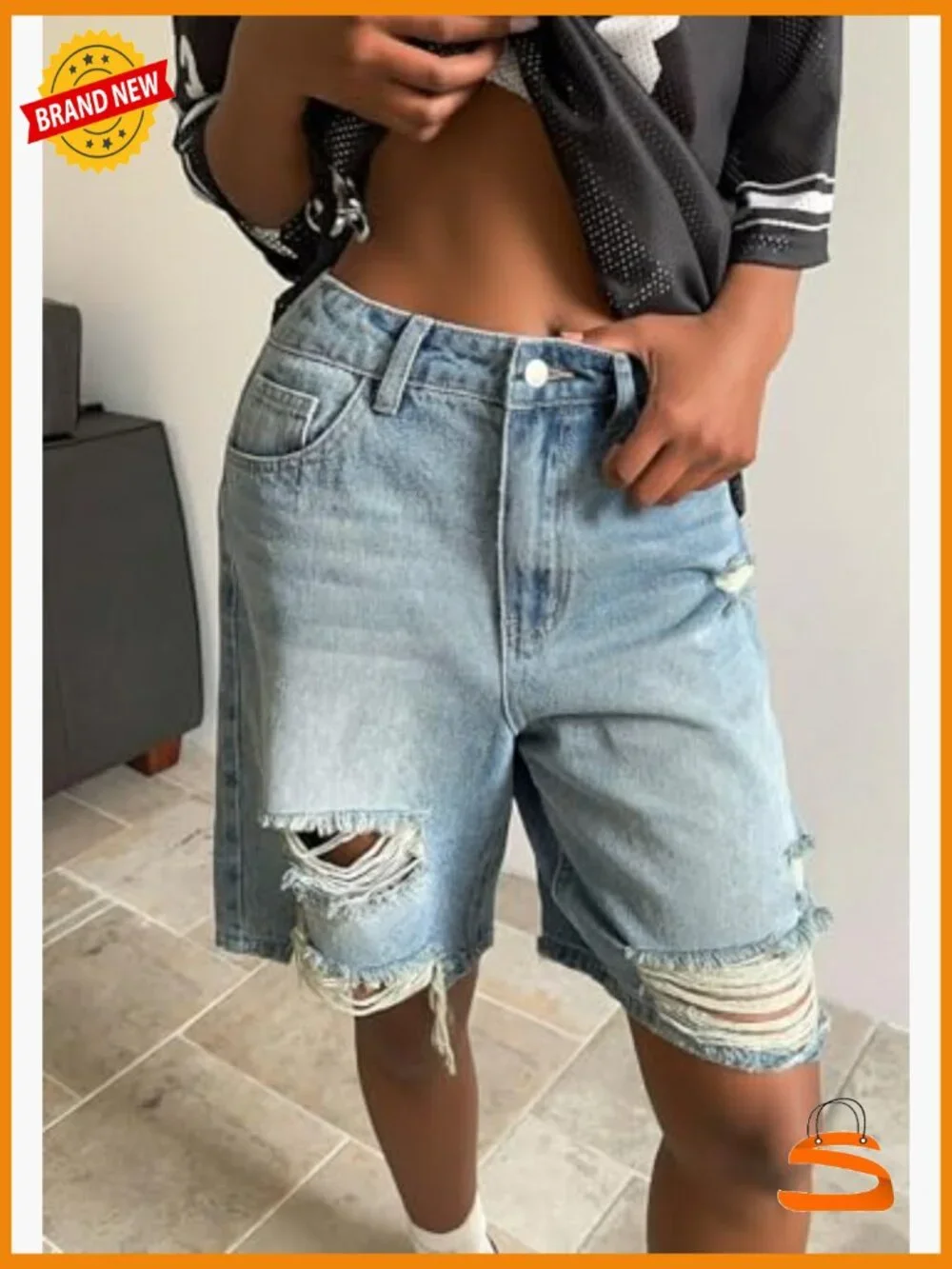 High Waisted Ripped Jean Shorts Baggy Bermuda Long Denim Jorts